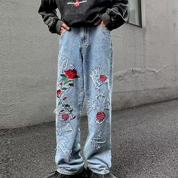 Мужские джинсы в стиле хип-хоп, свободные брюки, модные высококачественные джинсы с вышивкой в виде розы S чёрный