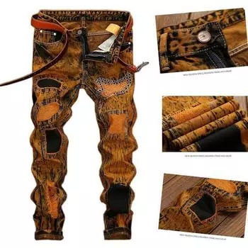 Мужские джинсы в стиле ретро, модные индивидуальные нашивки с отверстиями, тонкие прямые джинсы, брюки для мужчин, размер вилки, 3 цвета 42 жёлтый