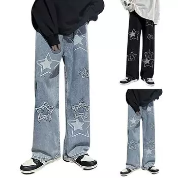 Мужские джинсы в стиле ретро, осенний уличный стиль, свободные широкие брюки с меховой пятиконечной звездой S чёрный