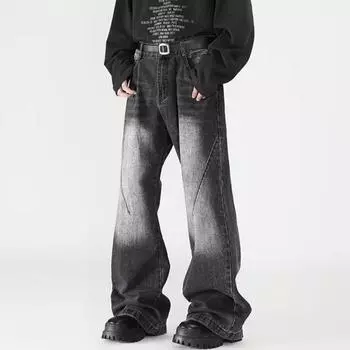 Мужские джинсы в стиле ретро, прямые джинсовые брюки с карманами на молнии, брюки на пуговицах с градиентом цвета, слегка расклешенные брюки M жёлтый