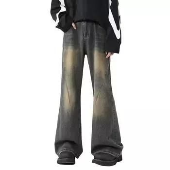 Мужские джинсы в стиле ретро, прямые джинсовые брюки с карманами на молнии, брюки на пуговицах с градиентом цвета, слегка расклешенные брюки M жёлтый