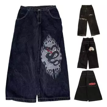 Мужские джинсы в стиле ретро, винтажные потертые синие джинсовые брюки на молнии с широкими штанинами и несколькими карманами в стиле хип-хоп XL