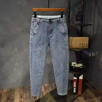 Мужские джинсы, весенние новые джинсы с диагональными вставками и карманами, эластичные универсальные брюки «Арлекин» на девять четвертей 29 синий