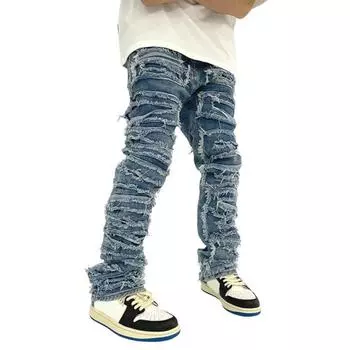 Мужские джинсы Yousheng, прямые брюки с застежкой-молнией и пуговицами, с кисточками по краям, однотонные потертые джинсовые брюки M синий