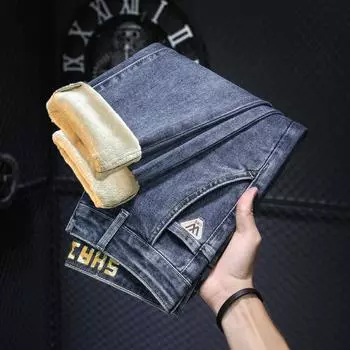 Мужские джинсы зимние модные высококачественные брюки с флисовой подкладкой, вышитые буквы, износостойкие стираемые брюки-карандаш мужские 28 синий