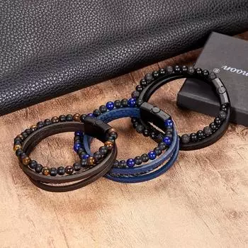 Мужские европейские и американские плетеные браслеты из натурального обсидиана