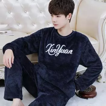 Мужские фланелевые пижамы, осенне-зимний плюшевый утепленный пуловер, коралловый плюшевый теплый повседневный домашний костюм L