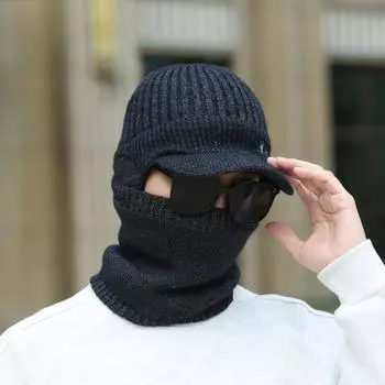 Мужские флисовые защитные наушники вязаная шапка сезонная защита от холода и тепла велосипедный шерстяной шарф флисовый уличный свитер с утиным язычком One size тёмно-синий