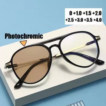 Мужские фотохромные очки для чтения, модные женские очки с двойным мостом, анти-синий свет, очки для дальнего зрения, очки по рецепту для пресбиопии 0