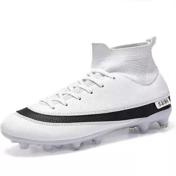 Мужские футбольные бутсы большого размера 32-46, детские нескользящие футбольные бутсы с высоким берцем и длинными ногтями в помещении и на открытом воздухе 32 белый