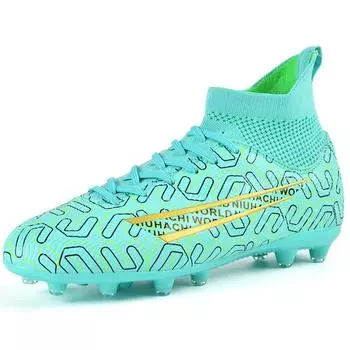 Мужские футбольные бутсы большого размера с длинным гвоздем, противоскользящие/ износостойкие, из искусственного TPR, детские футбольные бутсы для улицы 33 циан/чёрный