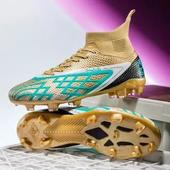 Мужские футбольные бутсы большого размера, детские высокие футбольные бутсы с длинными гвоздями, нескользящие футбольные бутсы для улицы 35 зелёный/циан