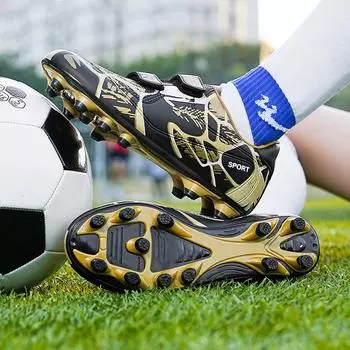 Мужские футбольные бутсы размера 28-38. Детские спортивные футбольные бутсы FG/TF. Противоскользящие тренировочные бутсы с травой. Футбольные кроссовки для мини-футбола. 28 золотой/чёрный