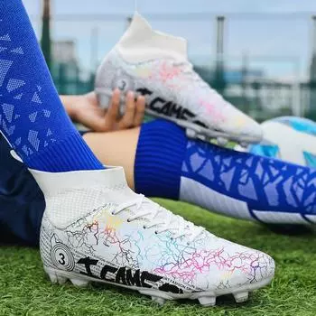 Мужские футбольные бутсы с длинными шипами и высокой лодыжкой, футбольные бутсы AG/TF, детские уличные бутсы для травы, футбольные бутсы, тренировочные спортивные футбольные бутсы 31 белый