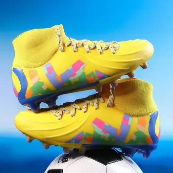 Мужские футбольные бутсы с длинными шипами и высокой лодыжкой, футбольные бутсы AG, детские уличные бутсы для травы, футбольные бутсы, тренировочные спортивные футбольные бутсы 33 жёлтый