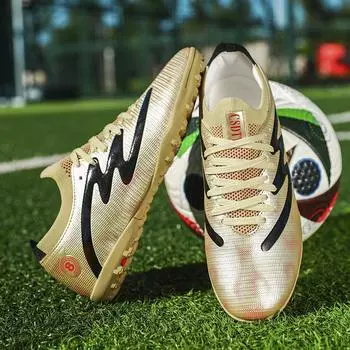 Мужские футбольные бутсы с длинными шипами и высокой лодыжкой, футбольные бутсы TF, детские уличные бутсы для травы, футбольные бутсы, тренировочные спортивные футбольные бутсы 32 золотой