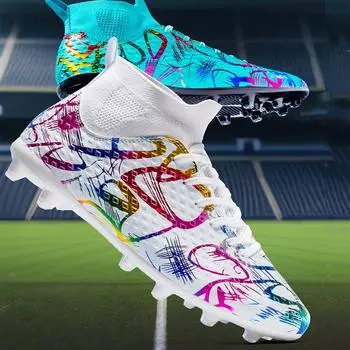 Мужские футбольные бутсы с высоким верхом и эластичным носком 35-45, спортивные футбольные бутсы с длинными шипами на открытом воздухе, большие размеры, молодежные спортивные детские футбольные бутсы 35 белый
