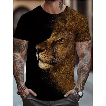 Мужские футболки больших размеров с принтом в виде красочного льва, повседневная мода с коротким рукавом и круглым вырезом, уличные мужские модные футболки для активного отдыха S