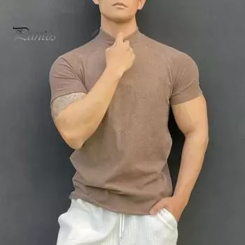 Мужские футболки для фитнеса, облегающая водолазка с коротким рукавом, майка для фитнеса, повседневная базовая футболка для тренировок, путешествий, офиса M верблюд