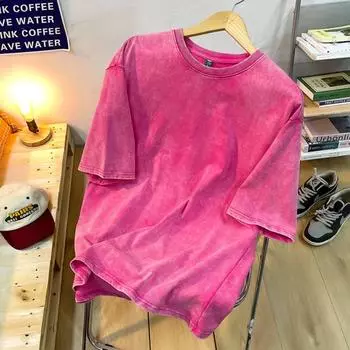 Мужские футболки из хлопка с потертостями, винтажные однотонные футболки, повседневные, в стиле ретро, с коротким рукавом, свободные, с круглым вырезом S чёрный