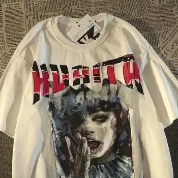 Мужские футболки Летние пляжные Harajuku Повседневные свободные O-образные вырезы Большие размеры Женские топы Y2K с коротким рукавом Пляжные футболки Модные ретро-принты S бежевый