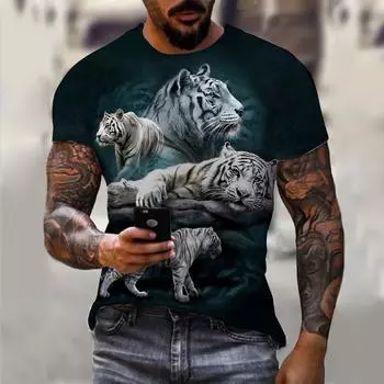 Мужские футболки летние топы с рисунком животных и тигра 3D-принтом футболки летние женские уличные модные футболки больших размеров мужская одежда S