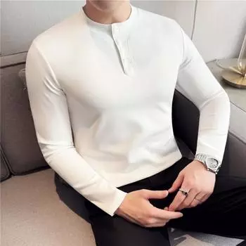 Мужские футболки Модные облегающие футболки с воротником Генри для мужчин Все цвета Однотонные топы с длинным рукавом Футболки M белый
