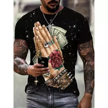 Мужские футболки с 3D цифровым рисунком «Молящиеся руки и деньги» и графическим принтом, повседневные пуловеры с короткими рукавами, мужская уличная одежда S
