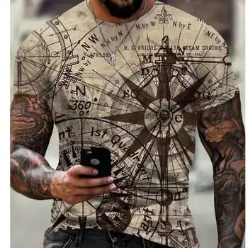 Мужские футболки с 3d компасом, топы с короткими рукавами, винтажная уличная одежда, пуловер с круглым вырезом, одежда моряка, ретро футболки 6XL, мужские футболки S