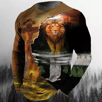 Мужские футболки с 3D принтом «Бог Христос Иисус и Лев», осенние хлопковые уличные свободные топы с круглым вырезом и длинными рукавами, футболки больших размеров, 5XL S