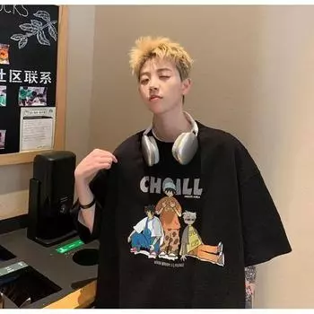 Мужские футболки с буквенным графическим принтом, модные брендовые футболки для мужчин, футболки больших размеров, мужская одежда, повседневная мужская футболка, летняя корейская ретро M чёрный
