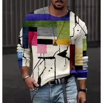 Мужские футболки с цветным 3D-принтом, весна-лето, имитация полиэстера, свободные повседневные топы с круглым вырезом и длинным рукавом, футболка большого размера S