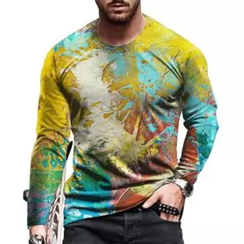 Мужские футболки с цветным 3D-принтом, весна-лето, имитация полиэстера, свободные повседневные топы с круглым вырезом и длинным рукавом, футболка большого размера S