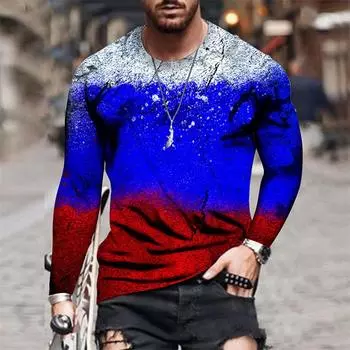 Мужские футболки с цветным 3D-принтом, весна-лето, имитация полиэстера, свободные повседневные топы с круглым вырезом и длинным рукавом, футболка большого размера S