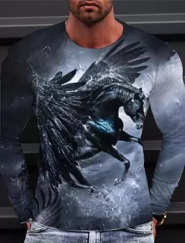 Мужские футболки с длинным рукавом, 3D-принт, длинная футболка для мужчин, уличный свитер с круглым вырезом, свободная футболка, мужская одежда, принт с лошадью M