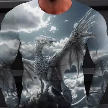 Мужские футболки с длинным рукавом, длинная футболка с 3d принтом для мужчин, уличный пуловер с круглым вырезом, футболка большого размера, мужская одежда с принтом дракона M