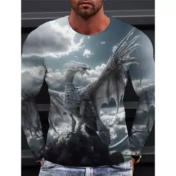 Мужские футболки с длинным рукавом, длинная футболка с 3d принтом для мужчин, уличный пуловер с круглым вырезом, футболка большого размера, мужская одежда с принтом дракона S