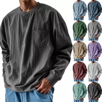 Мужские футболки с длинным рукавом, классические свитера с круглым вырезом, повседневные потертые топы L чёрный