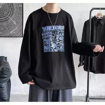 Мужские футболки с длинным рукавом с буквенным графическим принтом, модные брендовые футболки для мужчин, мужская одежда, повседневная футболка, мужская летняя корейская ретро футболка M чёрный