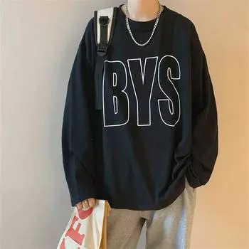 Мужские футболки с длинным рукавом с буквенным графическим принтом, модные брендовые футболки для мужчин, мужская одежда, повседневная футболка, мужская летняя корейская ретро футболка M чёрный