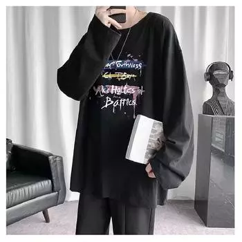 Мужские футболки с длинным рукавом с буквенным графическим принтом, модные брендовые футболки для мужчин, мужская одежда, повседневная футболка, мужская летняя корейская ретро футболка M чёрный