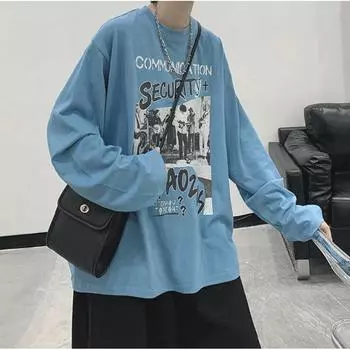 Мужские футболки с длинным рукавом с буквенным графическим принтом, модные брендовые футболки для мужчин, мужская одежда, повседневная футболка, мужская летняя корейская ретро футболка M чёрный