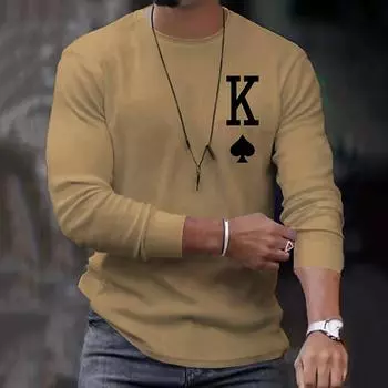 Мужские футболки с длинным рукавом, свободные топы с круглым вырезом и принтом в виде покера, повседневные футболки больших размеров для мужчин, футболки, мужская одежда L