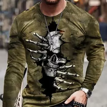 Мужские футболки с художественным принтом скелета, футболки с длинным рукавом и круглым вырезом, повседневные свитера, мужская одежда больших размеров XS серый