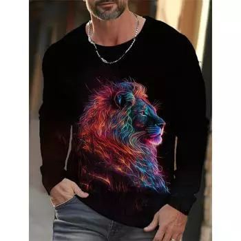 Мужские футболки с изображением животных льва на весну и осень, с круглым вырезом и длинными рукавами, мужская спортивная одежда, большие размеры, винтажная футболка с 3D-принтом S