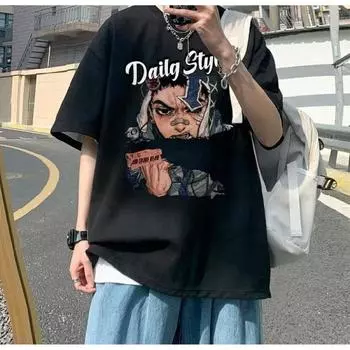 Мужские футболки с коротким рукавом с буквенным графическим принтом и половиной рукава, мужская одежда, повседневная футболка, мужские корейские повседневные топы с круглым вырезом в стиле ретро M чёрный