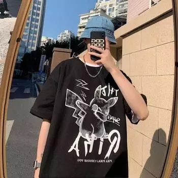 Мужские футболки с коротким рукавом с буквенным графическим принтом и половиной рукава Футболка-пуловер Повседневная футболка Мужская корейская повседневная футболка с круглым вырезом в стиле ретро M чёрный