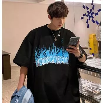 Мужские футболки с коротким рукавом с буквенным графическим принтом и половиной рукава Футболка-пуловер Повседневная футболка Мужская корейская повседневная футболка с круглым вырезом в стиле ретро M чёрный