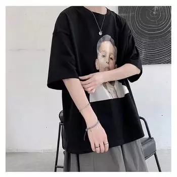 Мужские футболки с коротким рукавом с буквенным графическим принтом и половиной рукава Футболка-пуловер Повседневная футболка Мужская корейская повседневная футболка с круглым вырезом в стиле ретро M чёрный