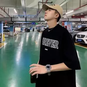 Мужские футболки с коротким рукавом с буквенным графическим принтом и половиной рукава Футболка-пуловер Повседневная футболка Мужская корейская повседневная футболка с круглым вырезом в стиле ретро M чёрный